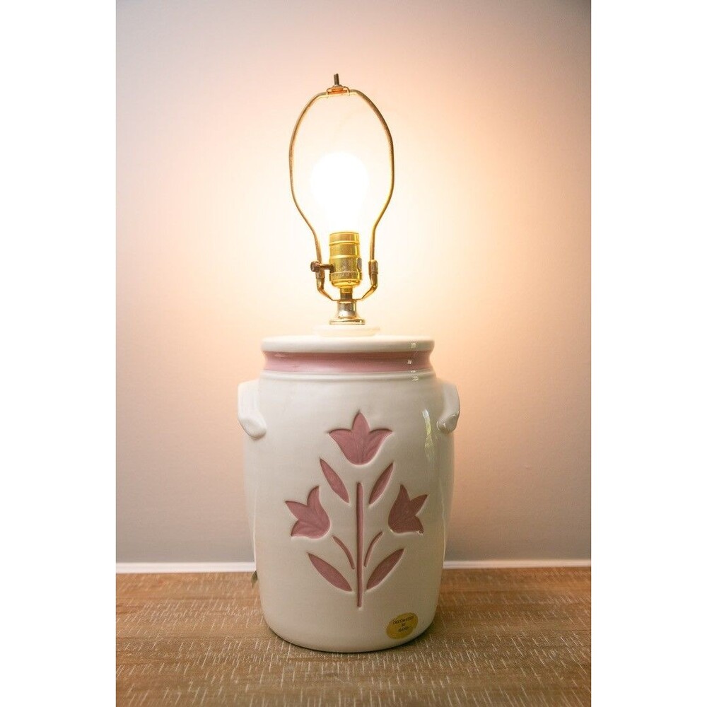 Vintage Pink Tulip Ceramic Crock Lamp Cottage Farmhouse Pottery Table Lamp